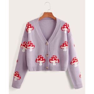 Lilac Purple V-Neck Cropped Cardigan w/ Mushroom details: Boho Festival Softgirl